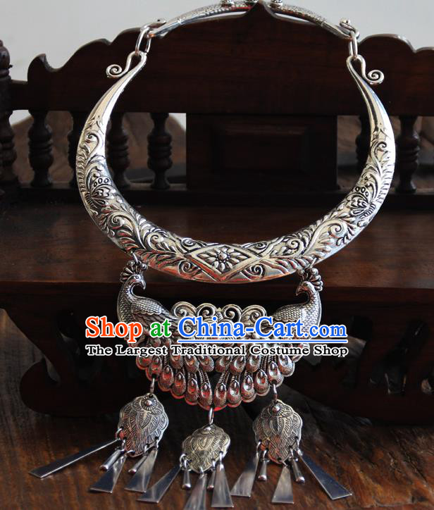 China Traditional Miao Minority Wedding Necklace Handmade Ethnic Silver Peacock Necklet Accessories