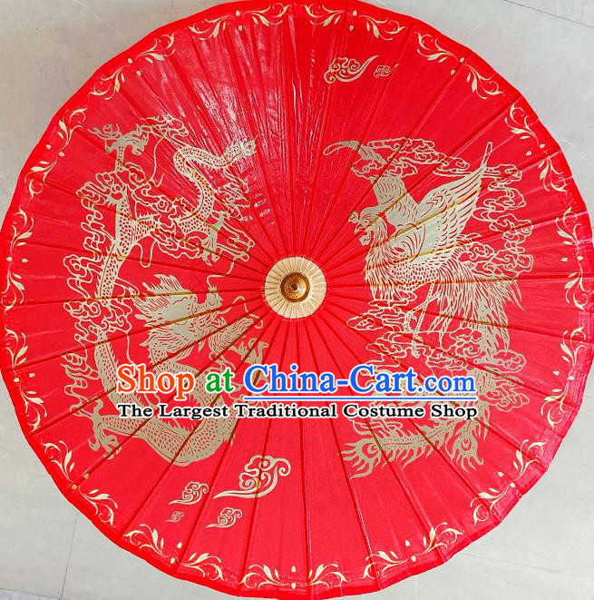 China Classical Wedding Umbrella Hand Painting Phoenix Dragon Umbrella Traditional Red Oilpaper Umbrella Craft