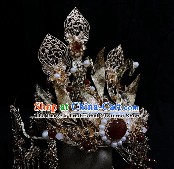 China Ancient Queen Hair Accessories Handmade Traditional Ming Dynasty Empress Golden Hair Crown