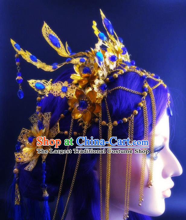 China Ancient Fairy Phoenix Coronet Headwear Handmade Traditional Cosplay Female Swordsman Blue Crystal Hair Crown