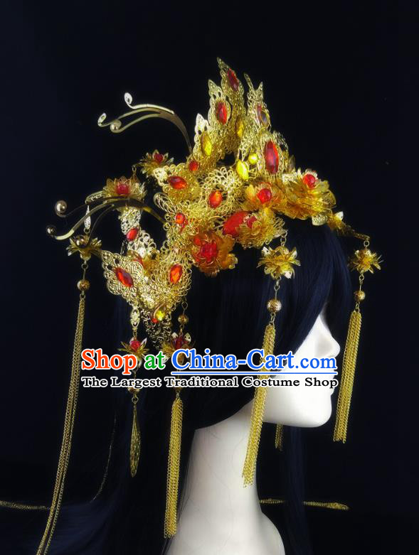 China Ancient Ming Dynasty Princess Tassel Phoenix Coronet Headwear Handmade Traditional Wedding Golden Hair Crown