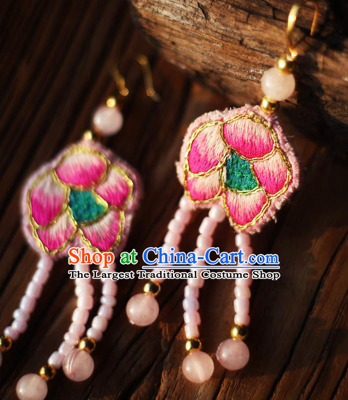 China Traditional Cheongsam Pink Beads Tassel Ear Accessories National Embroidered Earrings