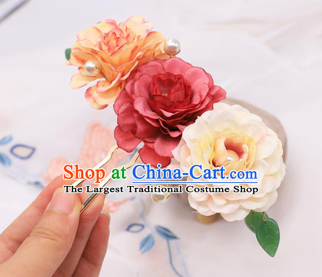 China Ancient Princess Silk Peony Hairpin Traditional Song Dynasty Palace Lady Pearls Hair Stick