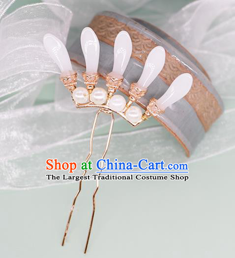 China Ancient Palace Lady White Bamboo Leaf Hairpin Traditional Song Dynasty Princess Pearls Hair Stick