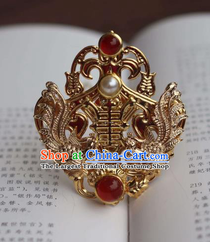 China Ancient Court Woman Pearls Hairpin Traditional Ming Dynasty Empress Golden Phoenix Hair Crown