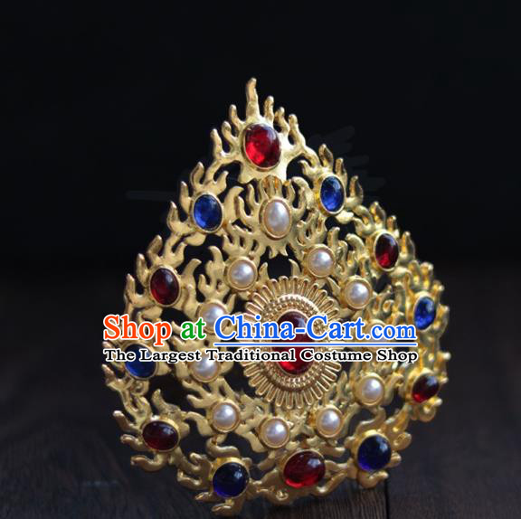 China Ancient Court Woman Golden Hairpin Traditional Ming Dynasty Empress Gems Pearls Hair Crown