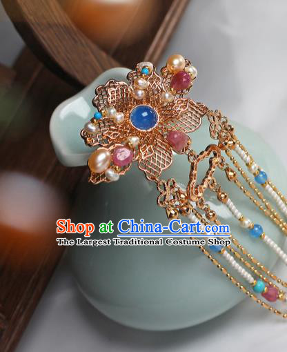 China Ancient Empress Golden Peony Hairpin Traditional Ming Dynasty Court Woman Pearls Tassel Hair Stick