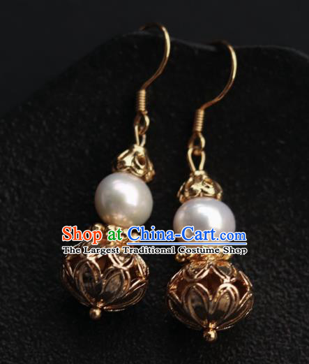 Chinese Traditional Ming Dynasty Court Empress Earrings Ancient Queen Golden Gourd Ear Jewelry