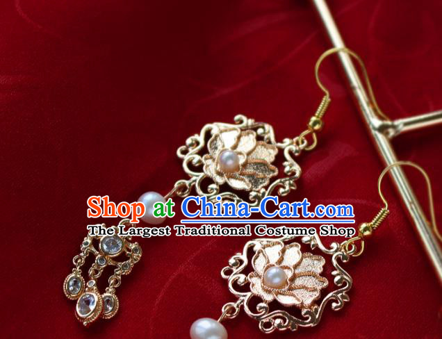 Chinese Traditional Qing Dynasty Queen Golden Earrings Ancient Empress Crystal Tassel Ear Jewelry