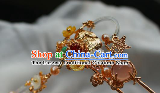 China Ancient Court Lady Golden Hair Stick Traditional Ming Dynasty Princess Pearls Tassel Hairpin