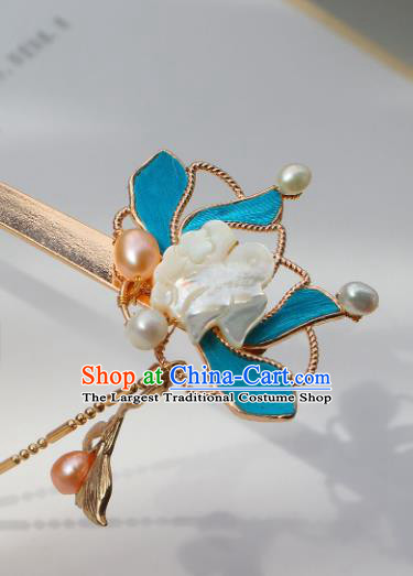 China Ancient Court Lady Shell Orchids Hairpin Traditional Ming Dynasty Imperial Concubine Tassel Hair Stick