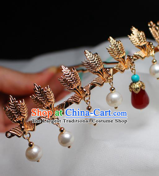 China Ancient Royal Empress Pearls Tassel Hairpin Traditional Ming Dynasty Noble Woman Golden Phoenix Hair Crown