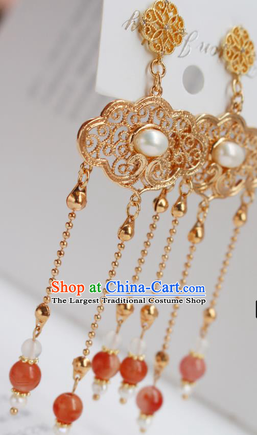 Chinese Traditional Cheongsam Red Beads Tassel Earrings Ancient Palace Lady Golden Ear Jewelry