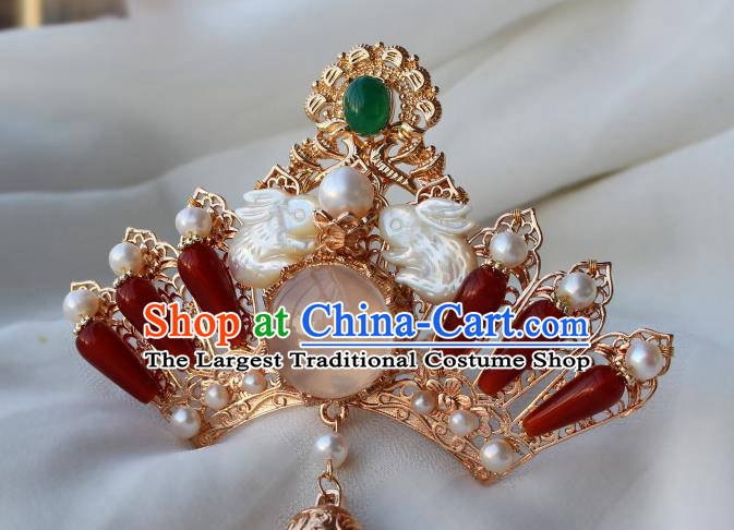 China Ancient Princess Shell Rabbit Hairpin Traditional Ming Dynasty Hanfu Agate Hair Crown