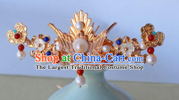 China Ancient Court Woman Golden Phoenix Hairpin Traditional Ming Dynasty Empress Pearls Hair Crown