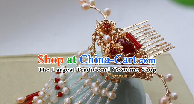 China Ancient Court Woman Agate Hairpin Hair Jewelry Traditional Ming Dynasty Empress Pearls Tassel Hair Comb