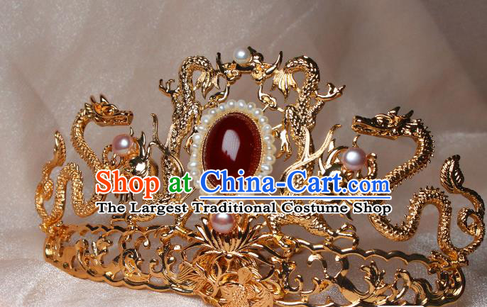 China Ancient Empress Pearls Headdress Hairpin Traditional Ming Dynasty Queen Golden Dragon Hair Crown