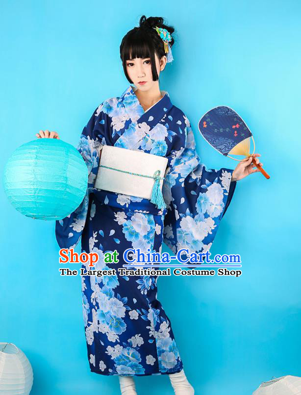 Japanese Traditional Printing Deep Blue Yukata Dress Asian Japan Stage Performance Kimono Costume