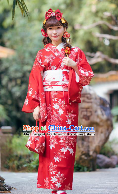 Asian Japan Young Lady Printing Maple Leaf Red Homongi Kimono Japanese Traditional Costumes