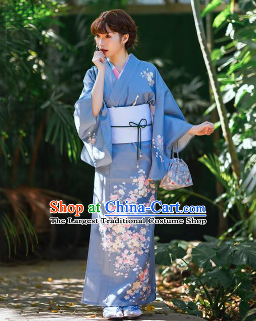 Asian Japan Printing Flowers Blue Yukata Kimono Japanese Traditional Young Woman Costumes