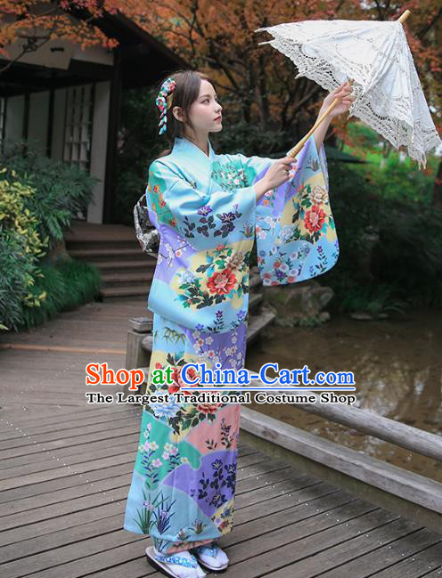 Asian Japan Young Lady Printing Peony Kimono Dress Japanese Traditional Light Blue Yukata Costume