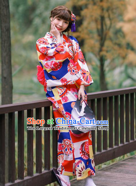 Japanese Traditional Printing Red Yukata Costume Asian Japan Young Lady Kimono Dress