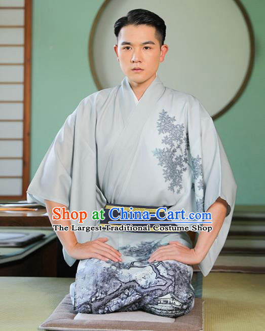 Asian Japan Traditional Printing Grey Yukata Robe Japanese Cosplay Samurai Clothing for Men