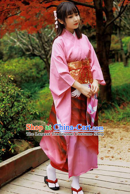 Asian Japan Pink Furisode Kimono Costume Japanese Traditional Summer Festival Printing Crane Yukata Dress