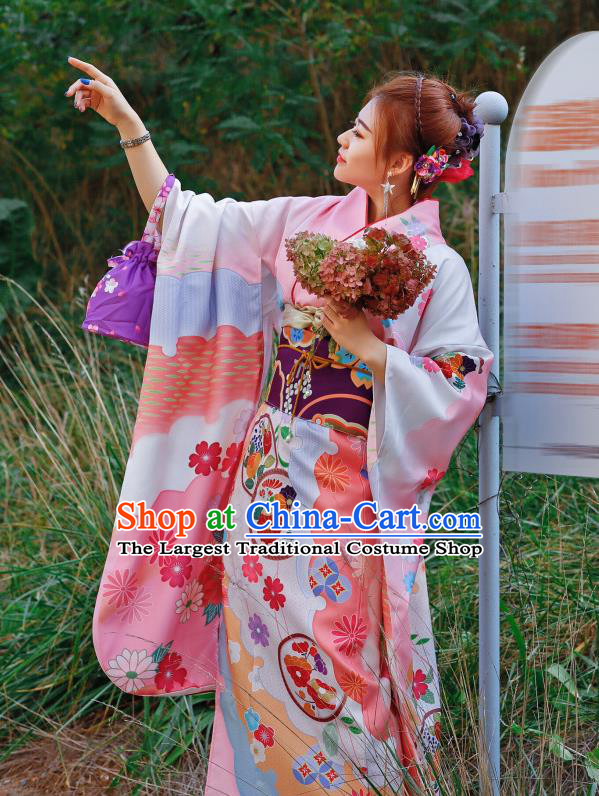 Asian Japan Wedding Bride Furisode Kimono Costume Japanese Traditional Printing Peony Chrysanthemum Pink Yukata Dress