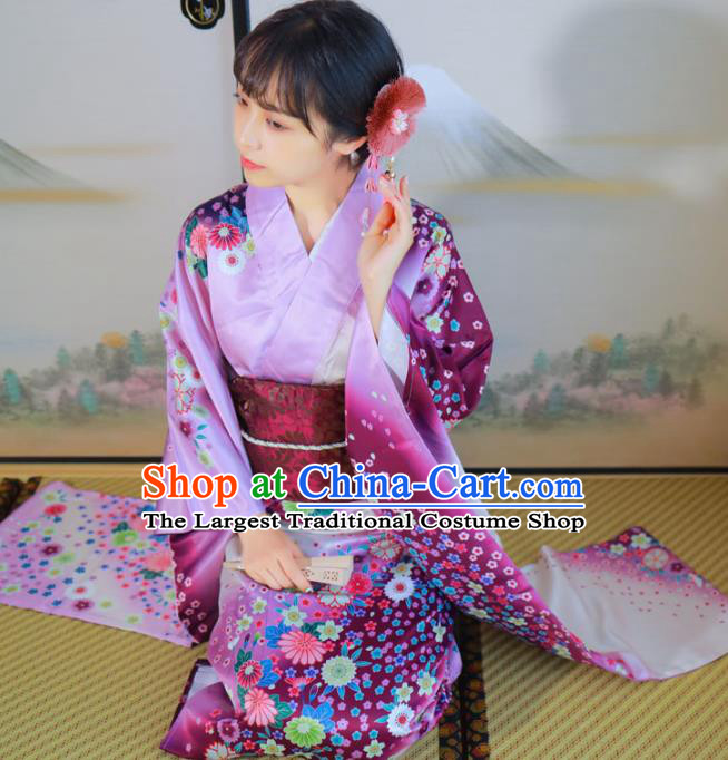 Asian Japan Printing Sakura Purple Satin Furisode Kimono Costume Japanese Traditional Wedding Bride Yukata Dress