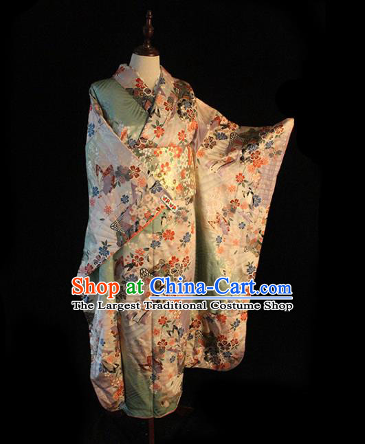 Japanese Traditional Wedding Bride Green Yukata Dress Asian Japan Court Printing Sakura Furisode Kimono Costume