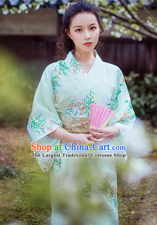 Japanese Traditional Young Lady Yukata Dress Asian Japan Summer Festival Printing Light Green Kimono Costume