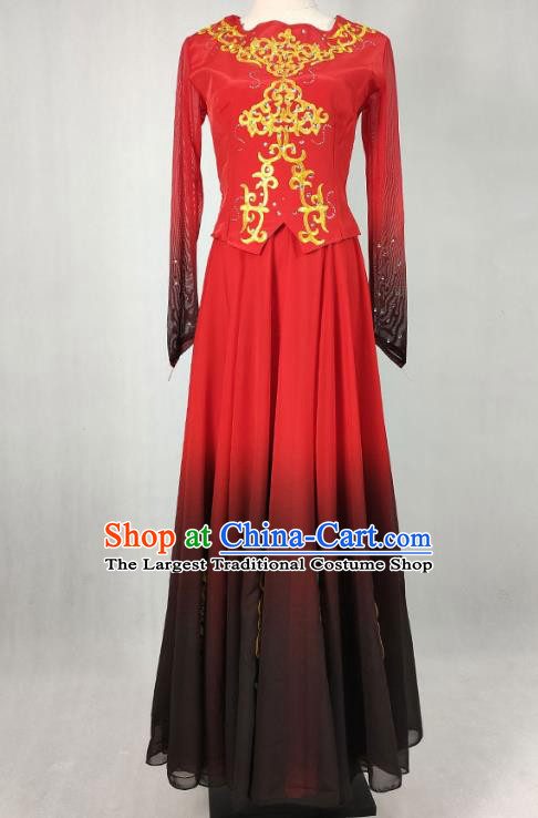 China Traditional Uyghur Nationality Stage Performance Clothing Xinjiang Ethnic Folk Dance Red Dress