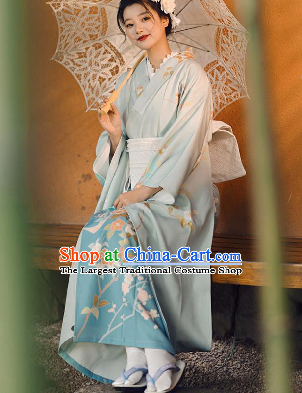 Japanese Traditional Summer Festival Yukata Dress Asian Japan Printing Blue Furisode Kimono Fashion