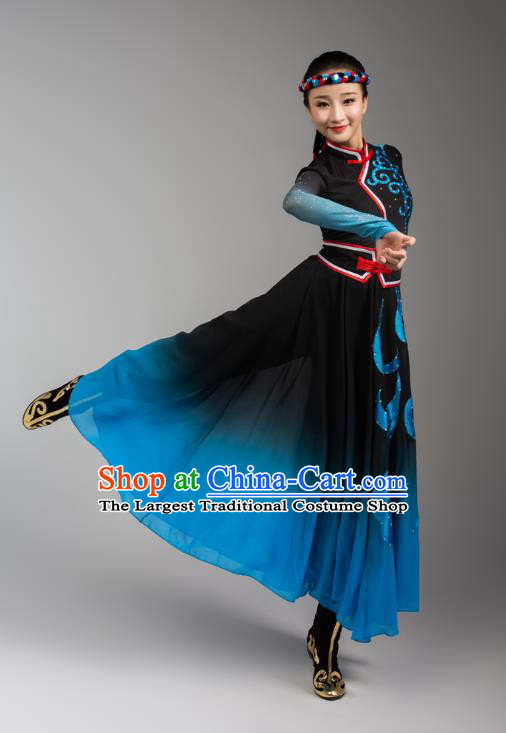 China Traditional Mongol Nationality Woman Clothing Mongolian Ethnic Goose Dance Blue Black Dress Outfits