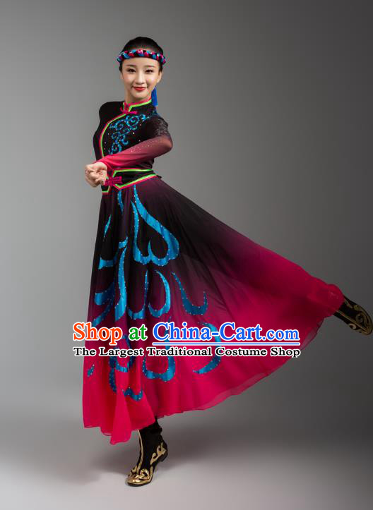 China Mongolian Ethnic Goose Dance Rosy Dress Outfits Traditional Mongol Nationality Woman Clothing