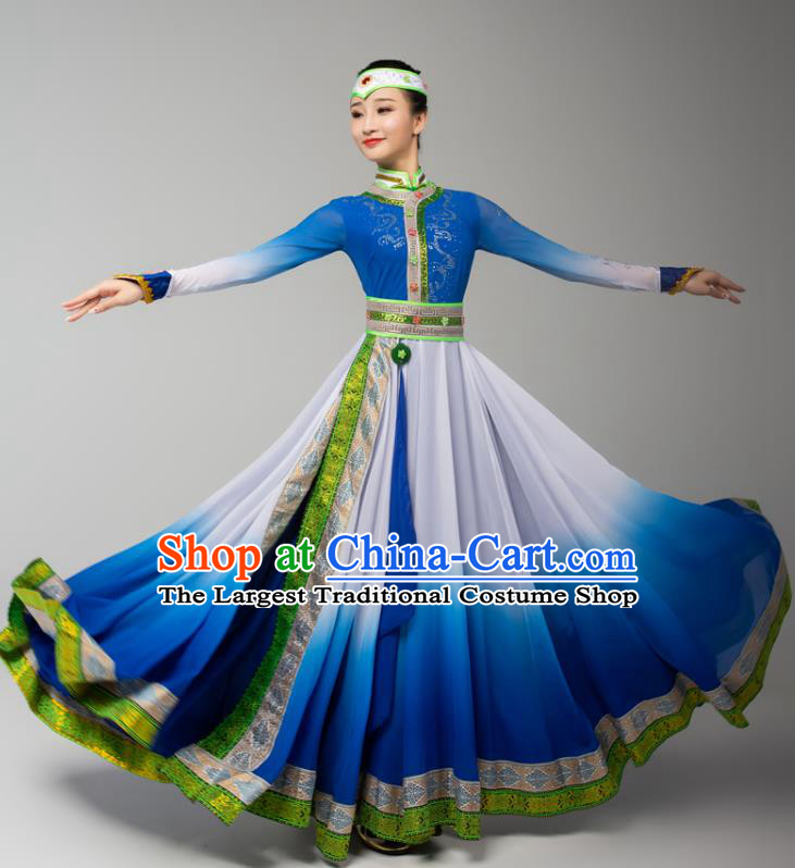 China Mongolian Ethnic Folk Dance Blue Dress Outfits Traditional Mongol Nationality Performance Clothing