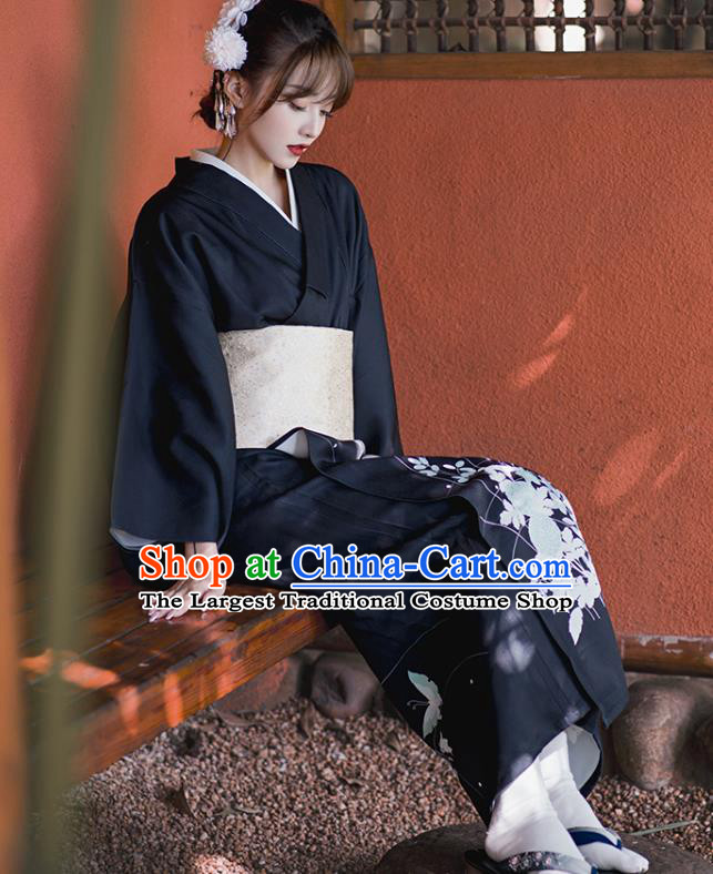 Japanese Traditional Printing Butterfly Black Yukata Clothing Asian Japan Young Lady Uchikake Kimono Dress