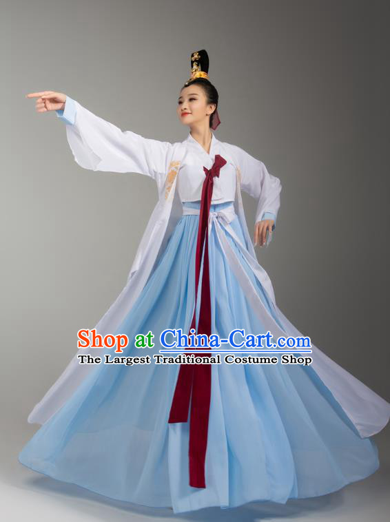 China Korean Ethnic Stage Performance Blue Dress Outfits Traditional Korean Nationality Folk Dance Clothing and Headdress