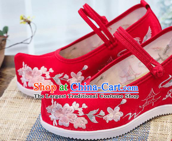 China Traditional Wedding Bride Wedge Shoes Embroidered Plum Blossom Shoes National Red Cloth Shoes