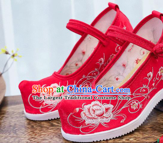 China National Red Cloth Shoes Traditional Wedding Bride Wedge Shoes Embroidered Peony Shoes