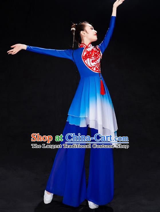 China Folk Dance Drum Dance Costume Yangko Dance Royalblue Uniforms Fan Dance Stage Performance Clothing