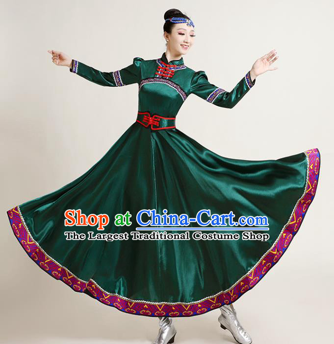 Chinese Mongolian Ethnic Dance Performance Costume Traditional Mongol Nationality Dance Competition Green Dress