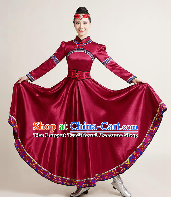 Chinese Traditional Mongol Nationality Dance Competition Wine Red Dress Mongolian Ethnic Dance Performance Costume