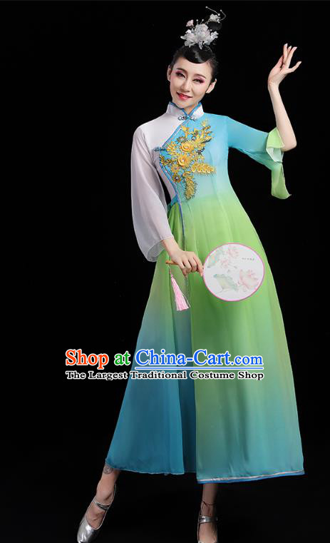 Chinese Umbrella Dance Blue Dress Traditional Fan Dance Clothing Classical Dance Costumes