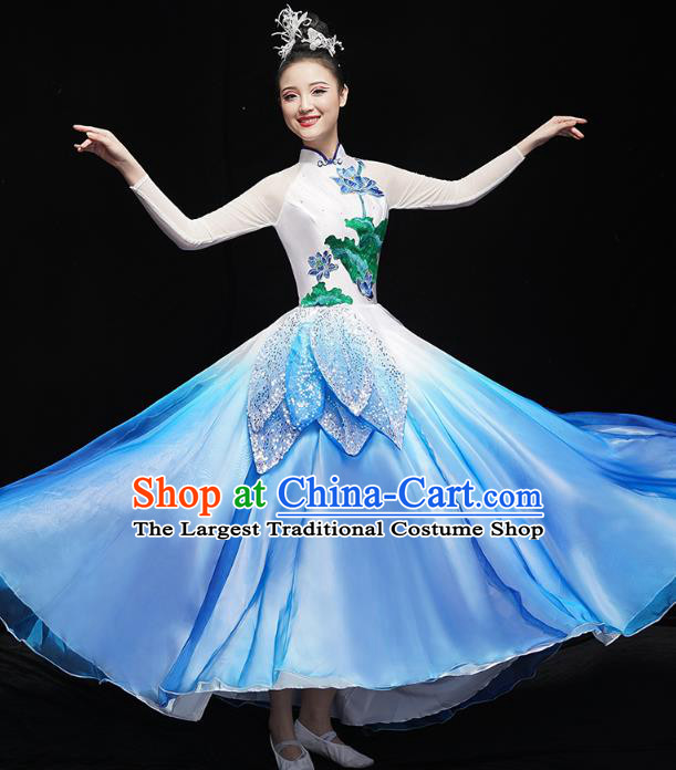 China Lotus Dance Clothing Chorus Group Performance Blue Dress Spring Festival Gala Opening Dance Costume