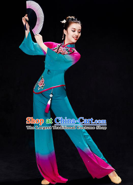 China Folk Dance Costume Yangko Dance Blue Uniforms Fan Dance Stage Performance Clothing