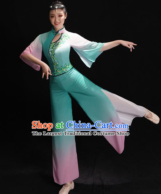 China Fan Dance Clothing Folk Dance Costume Jiaozhou Yangko Dance Green Uniforms