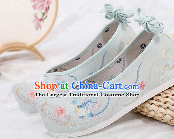 China Traditional Hanfu Shoes Embroidered Light Blue Cloth Shoes Ancient Princess Bow Shoes