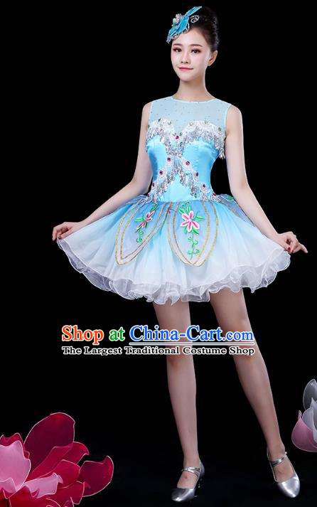 China Jazz Dance Embroidered Blue Bubble Dress Spring Festival Gala Opening Dance Costume Modern Dance Clothing